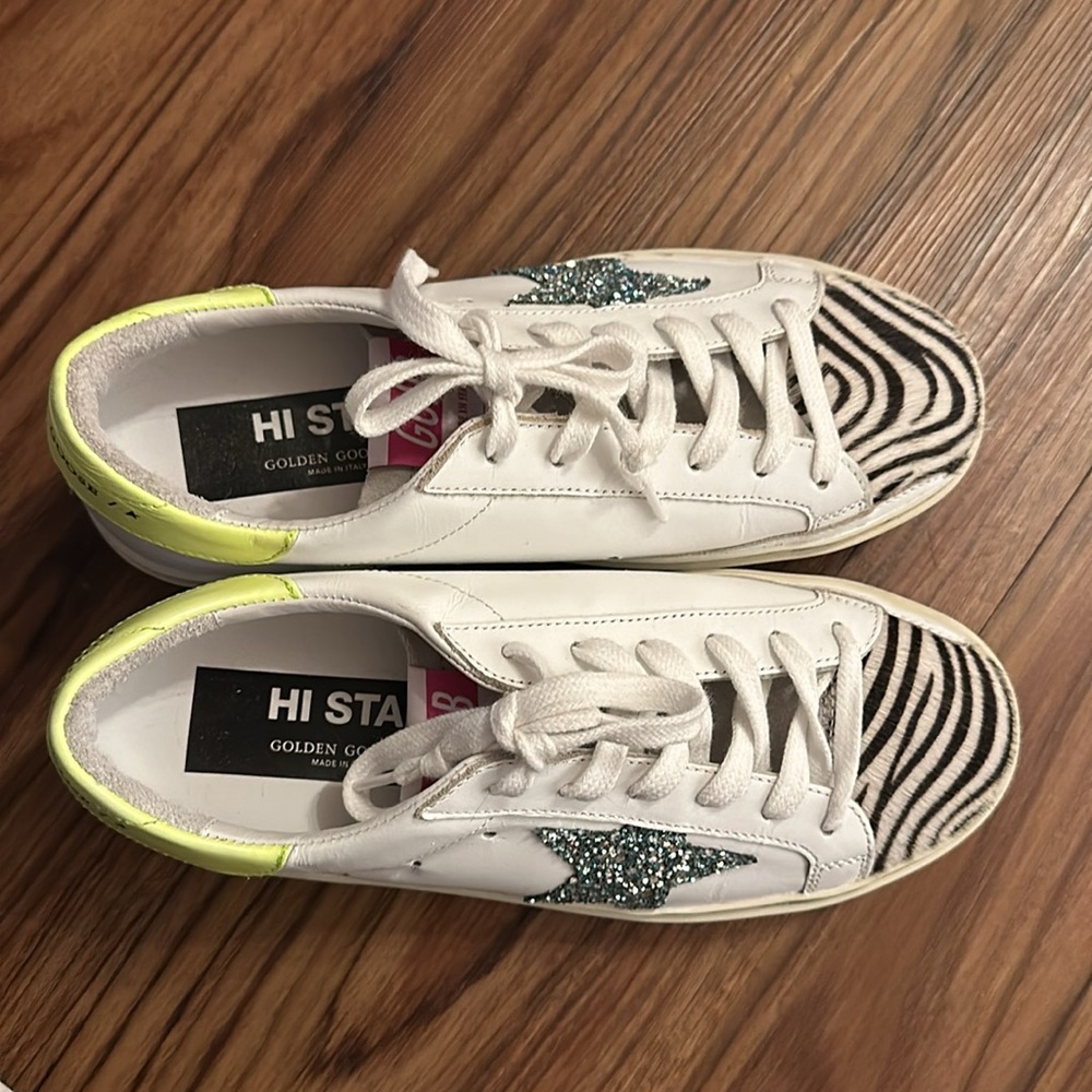 Golden Goose All Hi Star Sneakers with Light Blue Glitter Star and Zebra Print - Picture 8 of 11